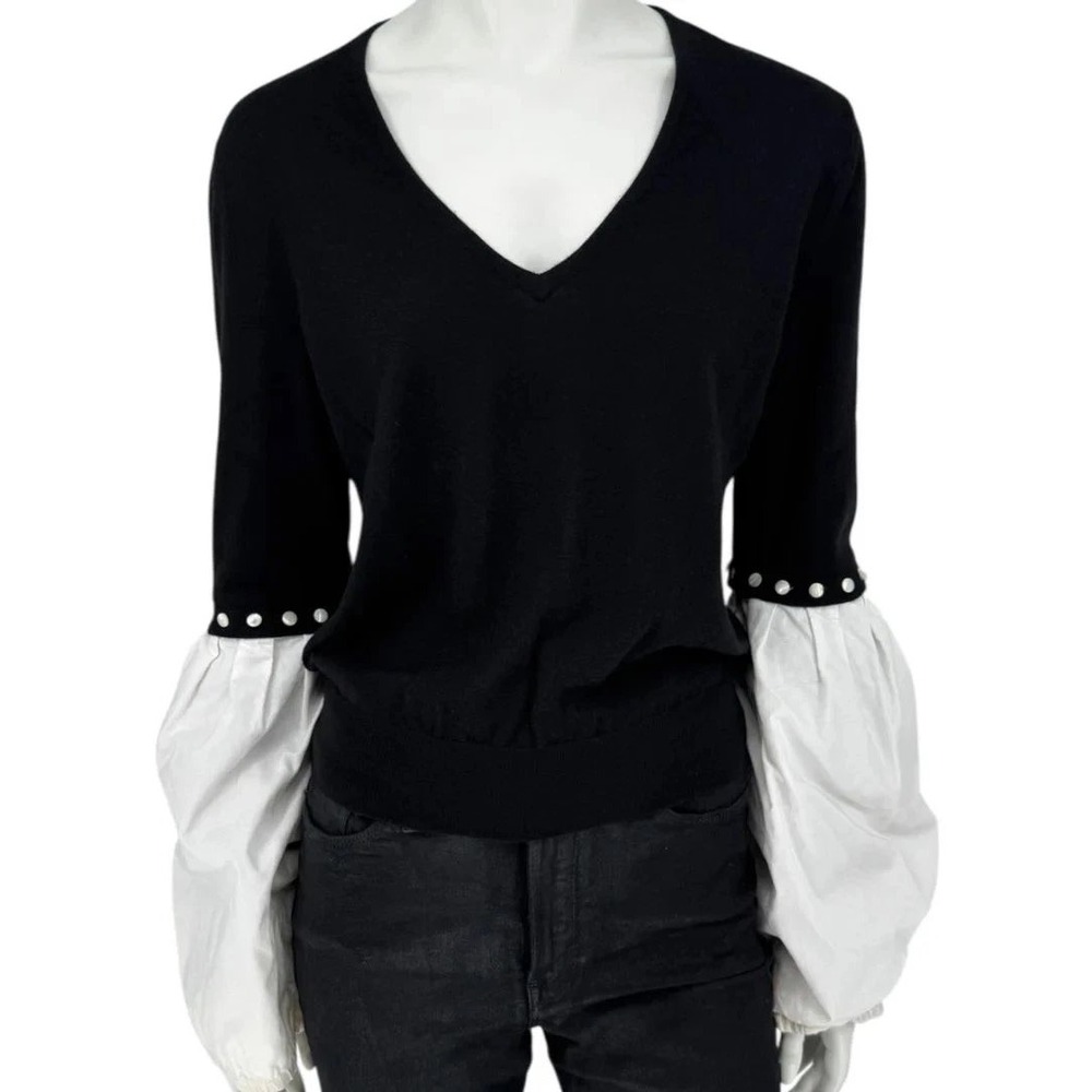Yves Saint Laurent Rive Gauche Cashmere V-Neck Balloon Sleeve Sweater Black M